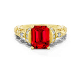 Yellow gold Emerald Cut Ruby Solitaire Ring with Filigree Band and Four-Prong Setting_24
