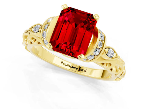 Yellow gold Emerald Cut Ruby Solitaire Ring with Filigree Band and Four-Prong Setting_25