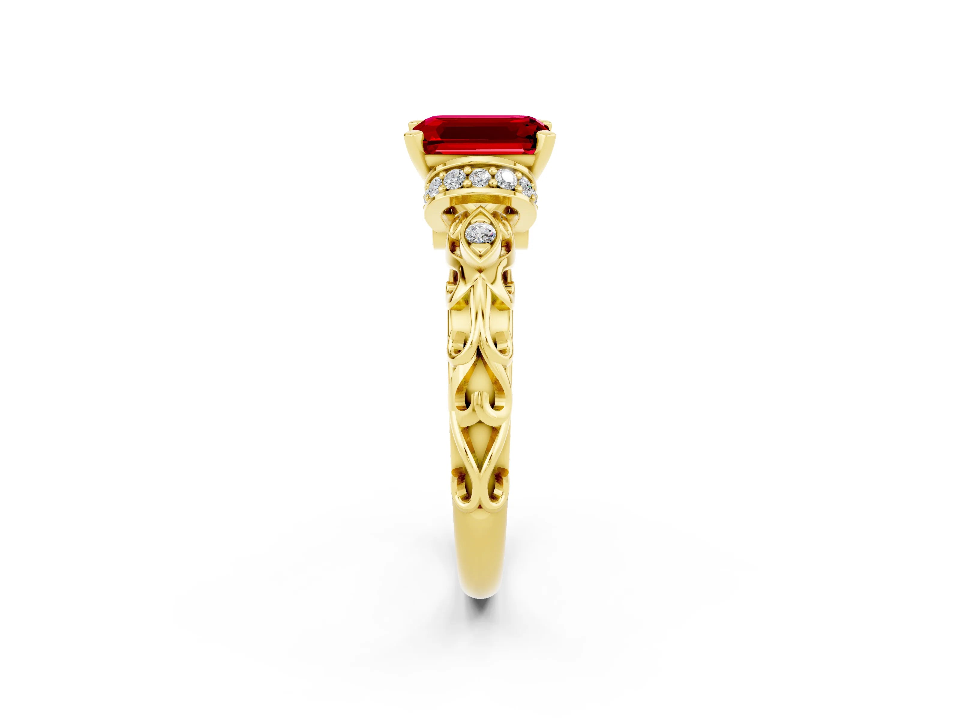 Yellow gold Emerald Cut Ruby Solitaire Ring with Filigree Band and Four-Prong Setting_26
