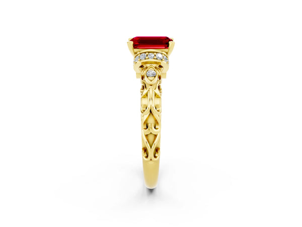 Yellow gold Emerald Cut Ruby Solitaire Ring with Filigree Band and Four-Prong Setting