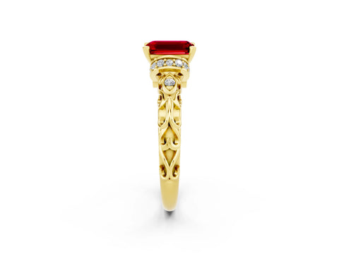 Yellow gold Emerald Cut Ruby Solitaire Ring with Filigree Band and Four-Prong Setting_26