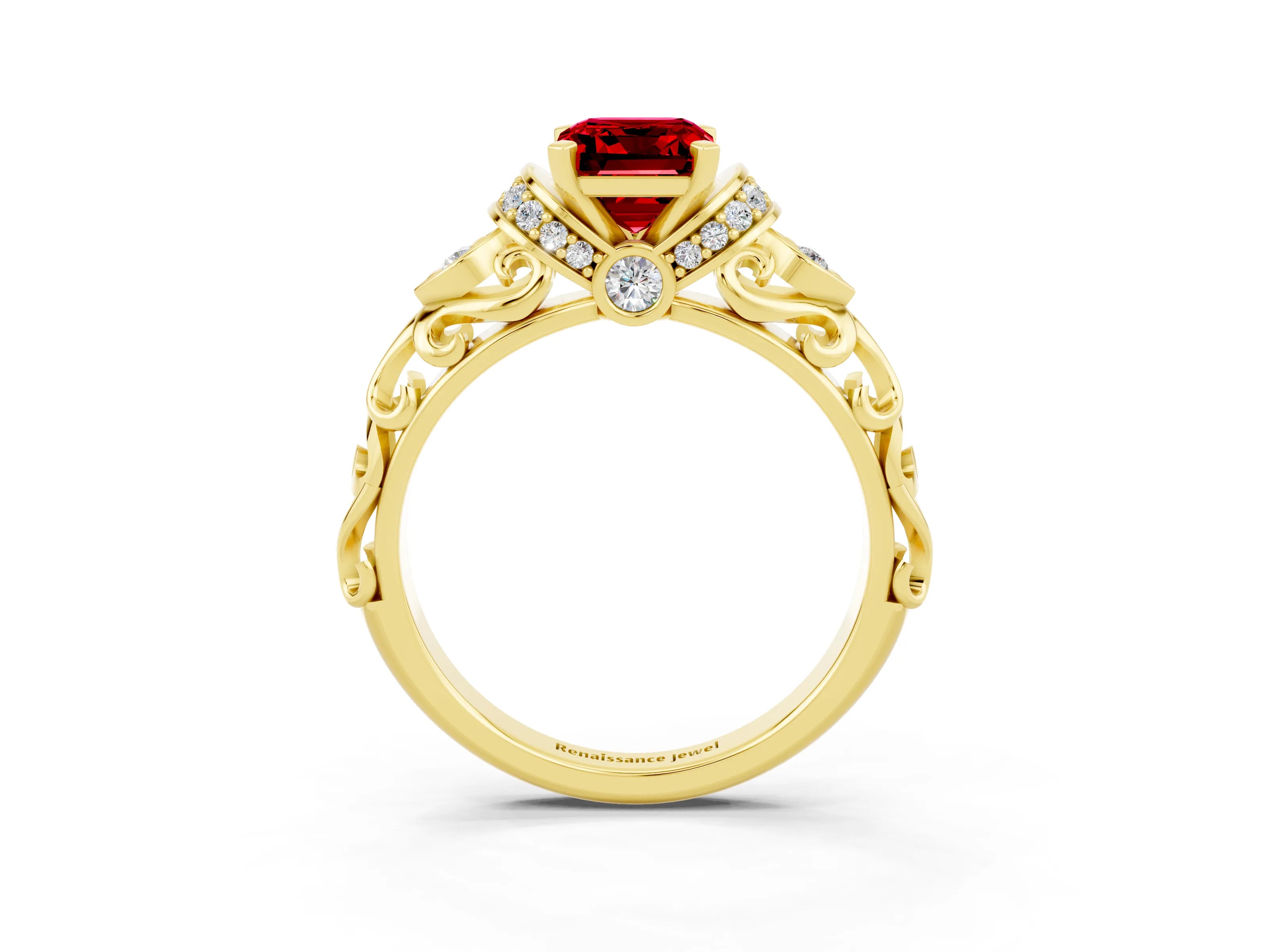 Yellow gold Emerald Cut Ruby Solitaire Ring with Filigree Band and Four-Prong Setting_27