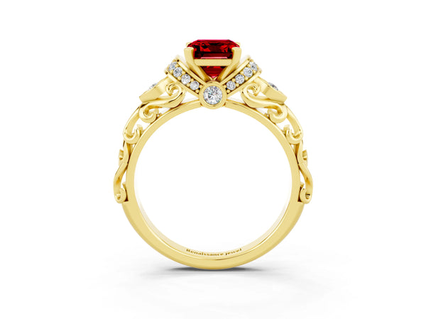 Yellow gold Emerald Cut Ruby Solitaire Ring with Filigree Band and Four-Prong Setting