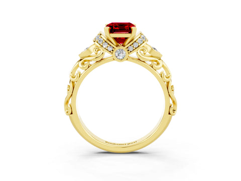 Yellow gold Emerald Cut Ruby Solitaire Ring with Filigree Band and Four-Prong Setting_27