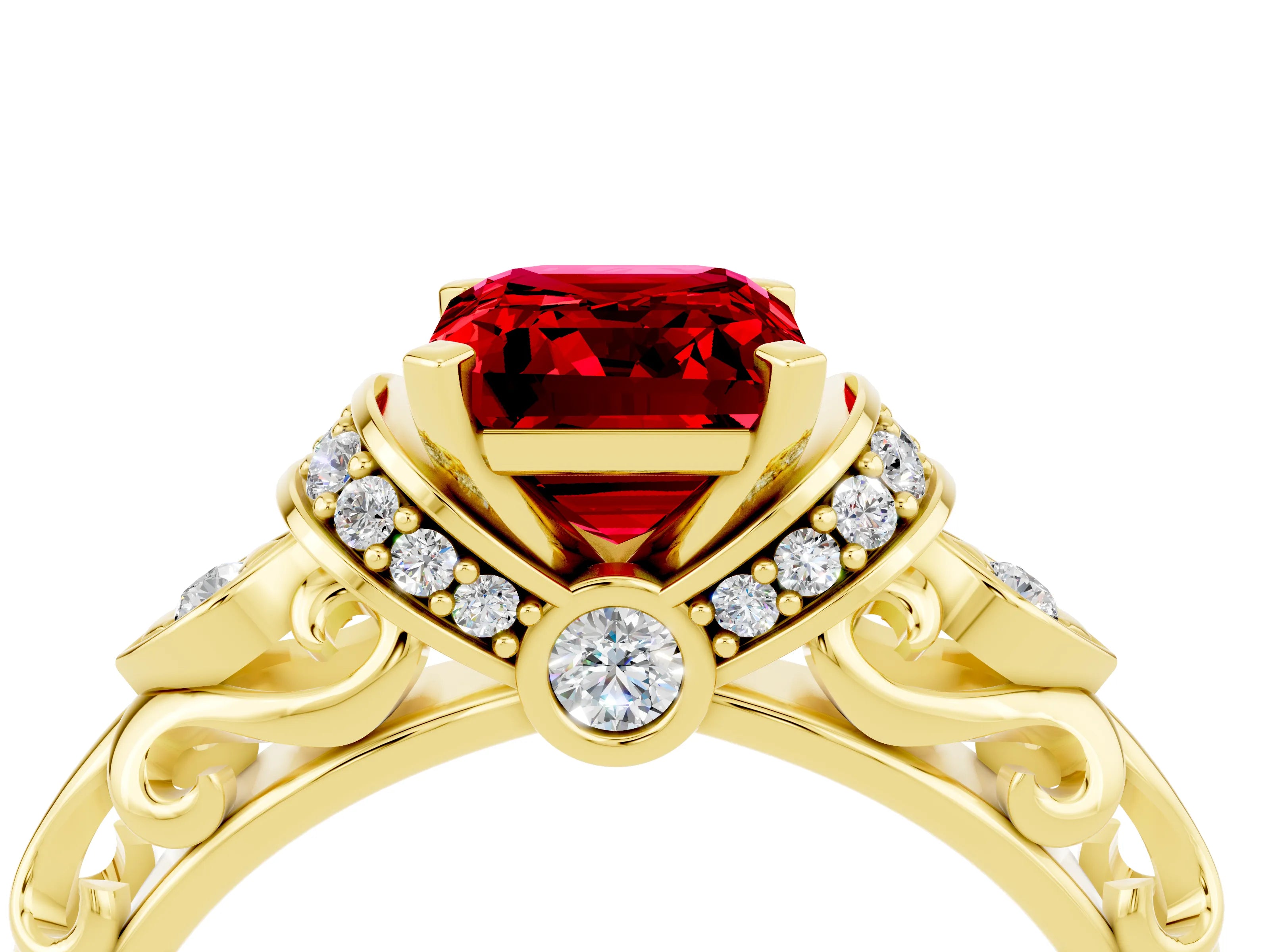 Yellow gold Emerald Cut Ruby Solitaire Ring with Filigree Band and Four-Prong Setting_28