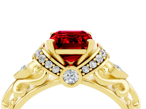 Yellow gold Emerald Cut Ruby Solitaire Ring with Filigree Band and Four-Prong Setting_28