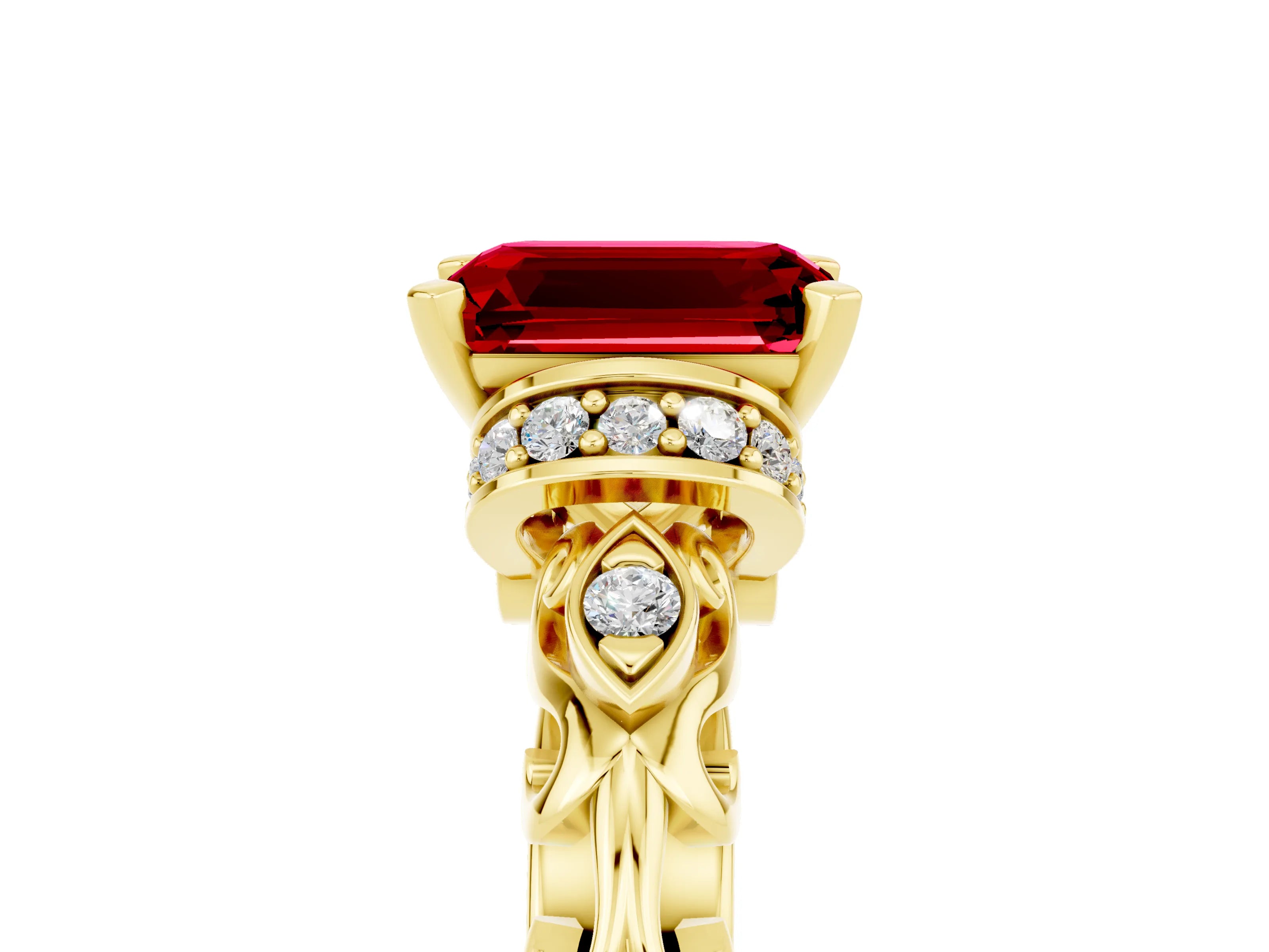 Yellow gold Emerald Cut Ruby Solitaire Ring with Filigree Band and Four-Prong Setting_29