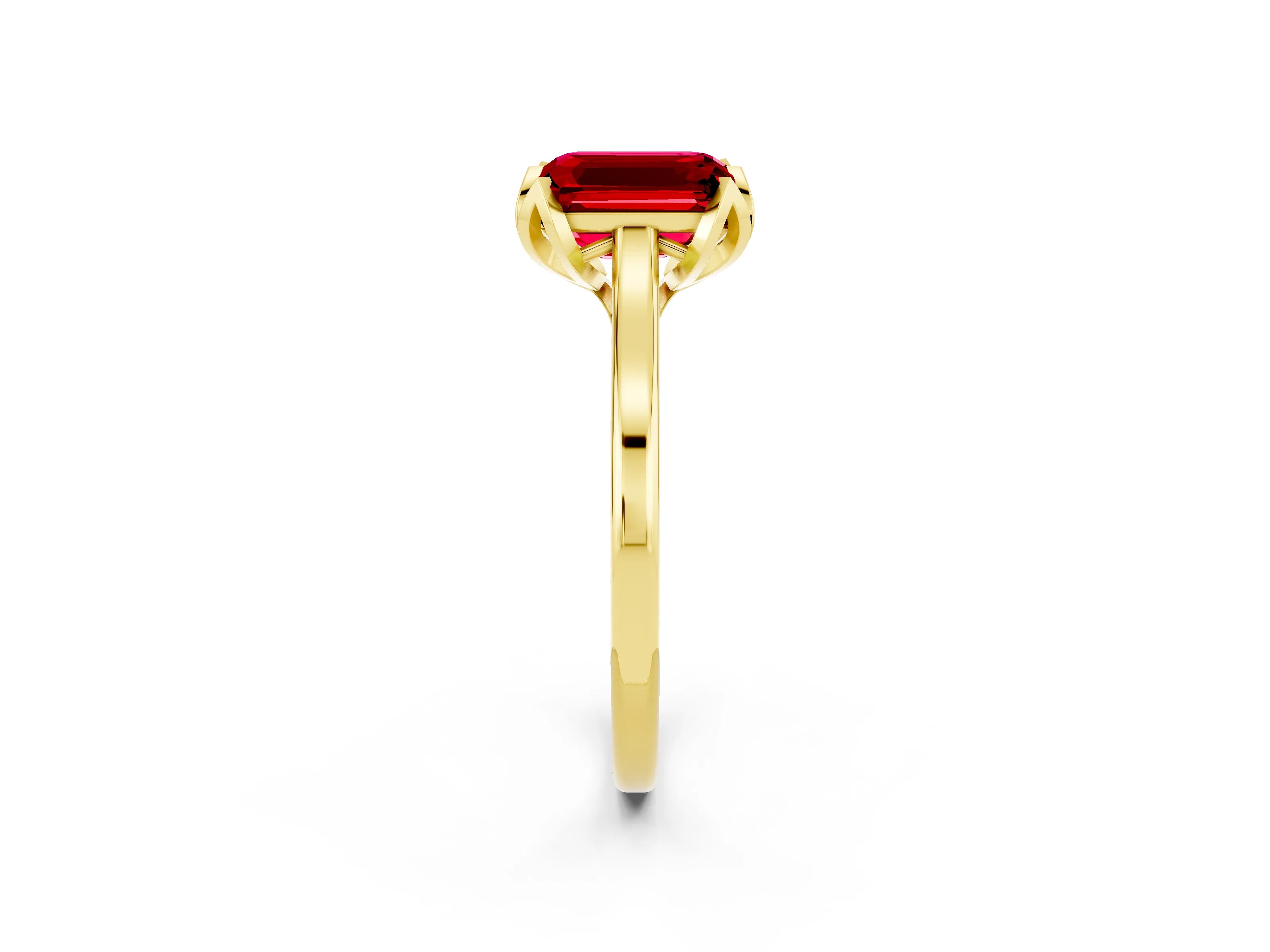 Yellow gold Emerald Cut Ruby Solitaire Ring with Flower Prong Setting and Classic Band_14