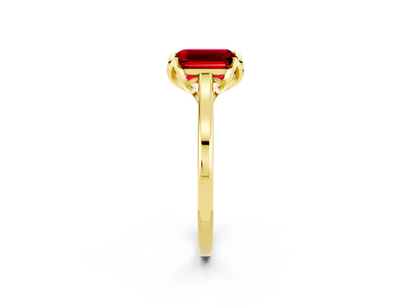 Yellow gold Emerald Cut Ruby Solitaire Ring with Flower Prong Setting and Classic Band