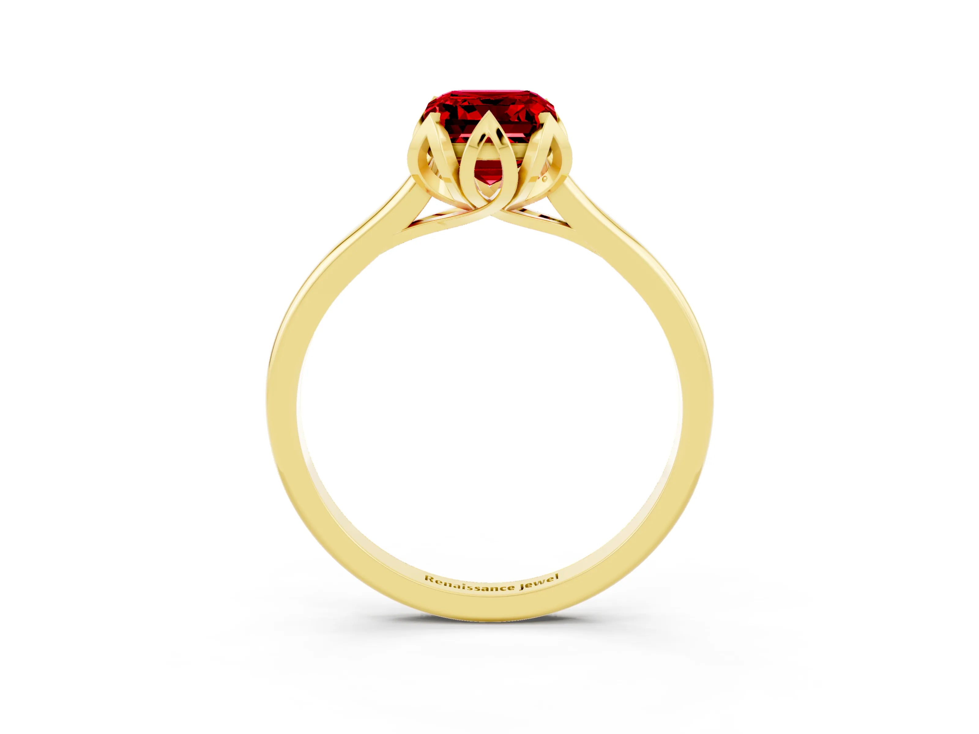 Yellow gold Emerald Cut Ruby Solitaire Ring with Flower Prong Setting and Classic Band_15
