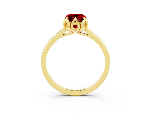 Yellow gold Emerald Cut Ruby Solitaire Ring with Flower Prong Setting and Classic Band