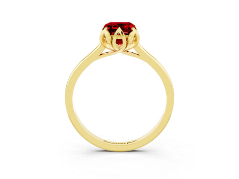 Yellow gold Emerald Cut Ruby Solitaire Ring with Flower Prong Setting and Classic Band_15