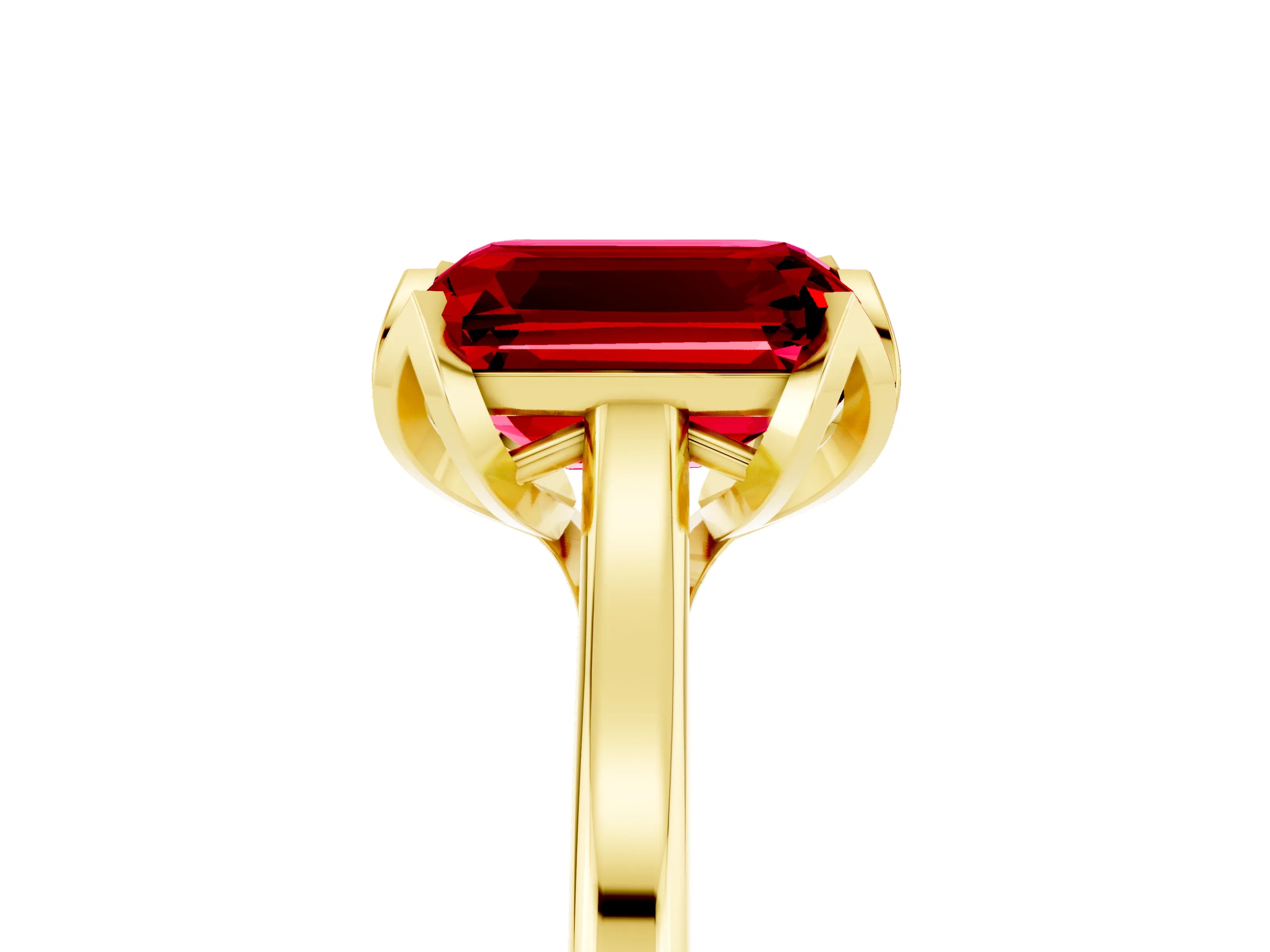 Yellow gold Emerald Cut Ruby Solitaire Ring with Flower Prong Setting and Classic Band_17