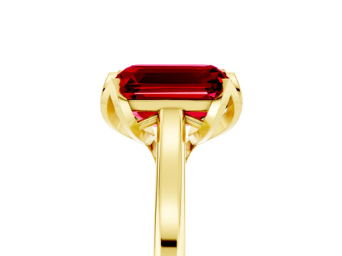 Yellow gold Emerald Cut Ruby Solitaire Ring with Flower Prong Setting and Classic Band_17