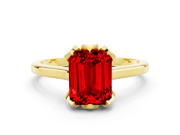 Yellow gold Emerald Cut Ruby Solitaire Ring with Flower Prong Setting and Classic Band