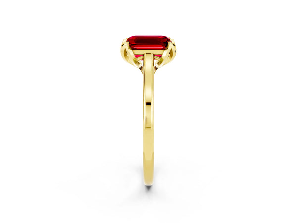 Yellow gold Emerald Cut Ruby Solitaire Ring with Flower Prong Setting and Classic Band