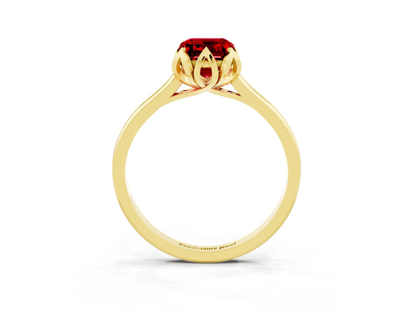 Yellow gold Emerald Cut Ruby Solitaire Ring with Flower Prong Setting and Classic Band