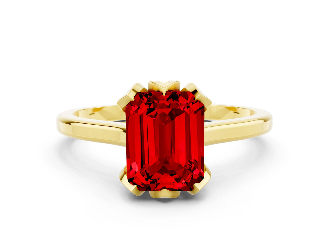 Yellow gold Emerald Cut Ruby Solitaire Ring with Flower Prong Setting and Classic Band_36