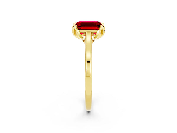 Yellow Gold Emerald Cut Lab-Grown Ruby Floral Solitaire Engagement Ring with Plain Band