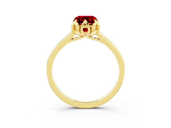 Yellow Gold Emerald Cut Lab-Grown Ruby Floral Solitaire Engagement Ring with Plain Band