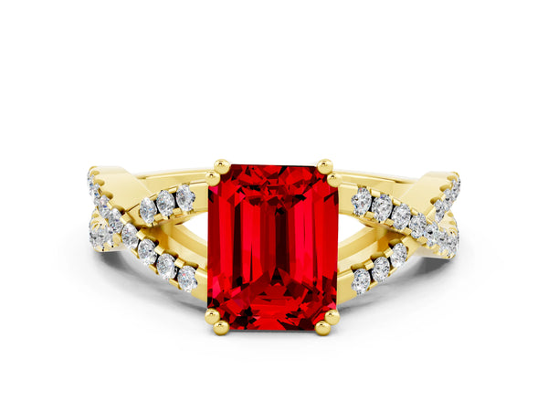 Yellow gold Emerald Cut Ruby Solitaire Ring with Four-Prong Setting and Twisted Pavé Band