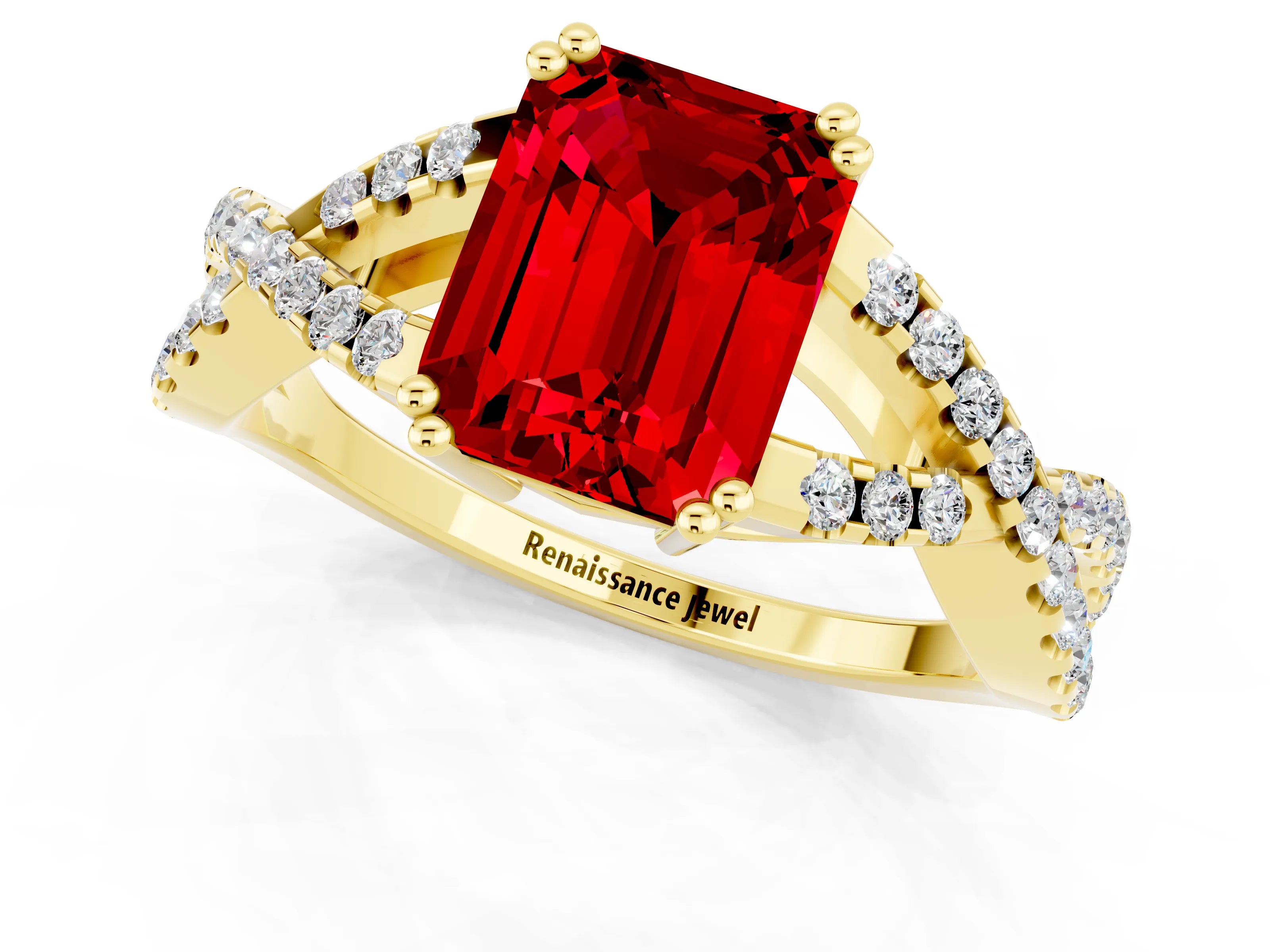 Yellow gold Emerald Cut Ruby Solitaire Ring with Four-Prong Setting and Twisted Pavé Band_1