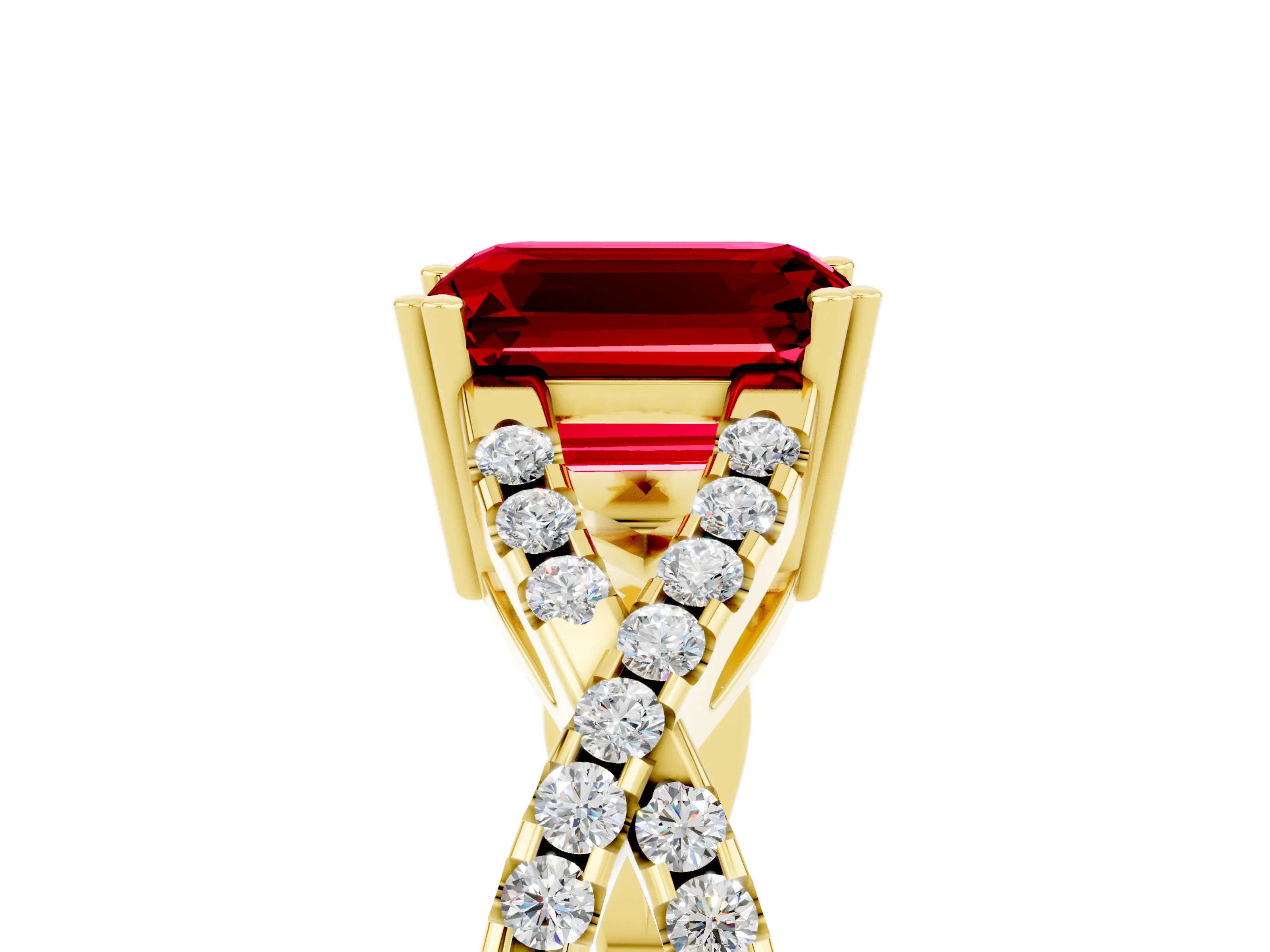 Yellow gold Emerald Cut Ruby Solitaire Ring with Four-Prong Setting and Twisted Pavé Band_5