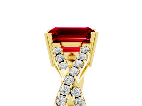 Yellow gold Emerald Cut Ruby Solitaire Ring with Four-Prong Setting and Twisted Pavé Band_5
