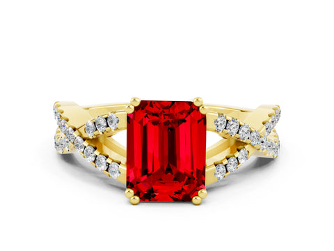 Yellow gold Emerald Cut Ruby Solitaire Ring with Four-Prong Setting and Twisted Pavé Band