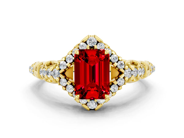 Yellow gold Emerald Cut Ruby Solitaire Ring with Hidden Halo and Pavé Band