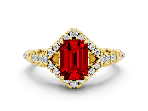 Yellow gold Emerald Cut Ruby Solitaire Ring with Hidden Halo and Pavé Band_12