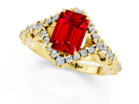 Yellow gold Emerald Cut Ruby Solitaire Ring with Hidden Halo and Pavé Band_13