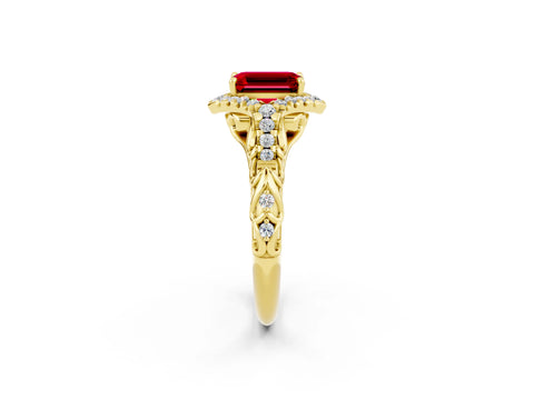 Yellow gold Emerald Cut Ruby Solitaire Ring with Hidden Halo and Pavé Band_14