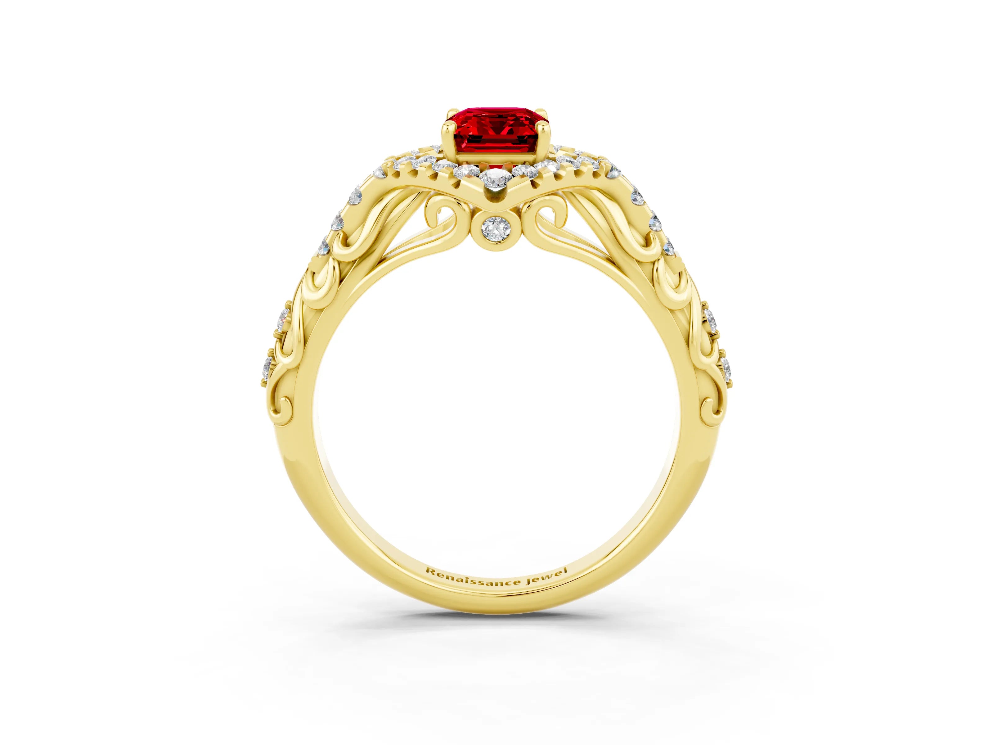 Yellow gold Emerald Cut Ruby Solitaire Ring with Hidden Halo and Pavé Band_15