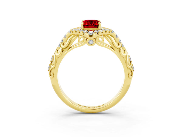 Yellow gold Emerald Cut Ruby Solitaire Ring with Hidden Halo and Pavé Band