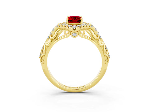 Yellow gold Emerald Cut Ruby Solitaire Ring with Hidden Halo and Pavé Band_15
