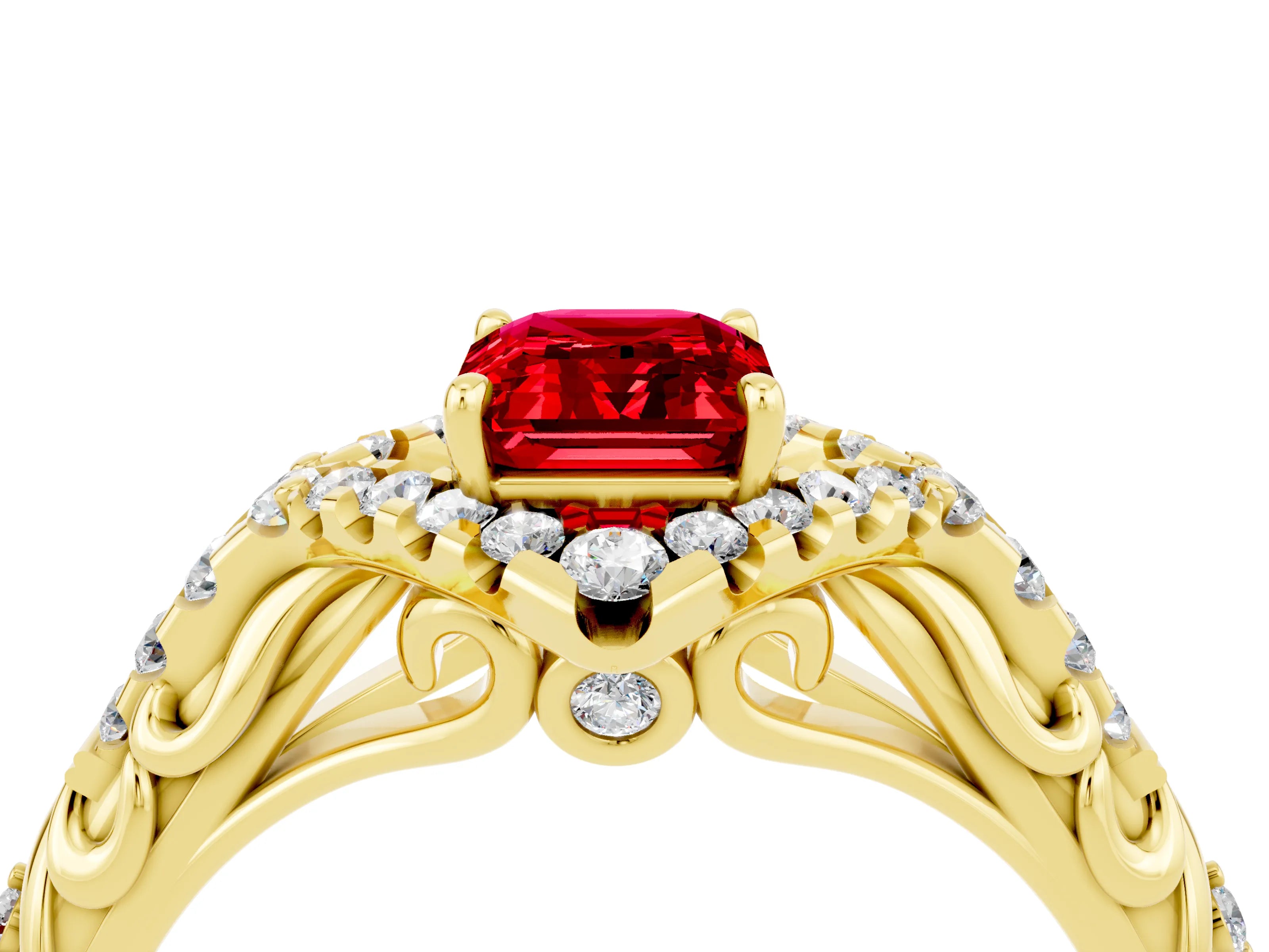 Yellow gold Emerald Cut Ruby Solitaire Ring with Hidden Halo and Pavé Band_16