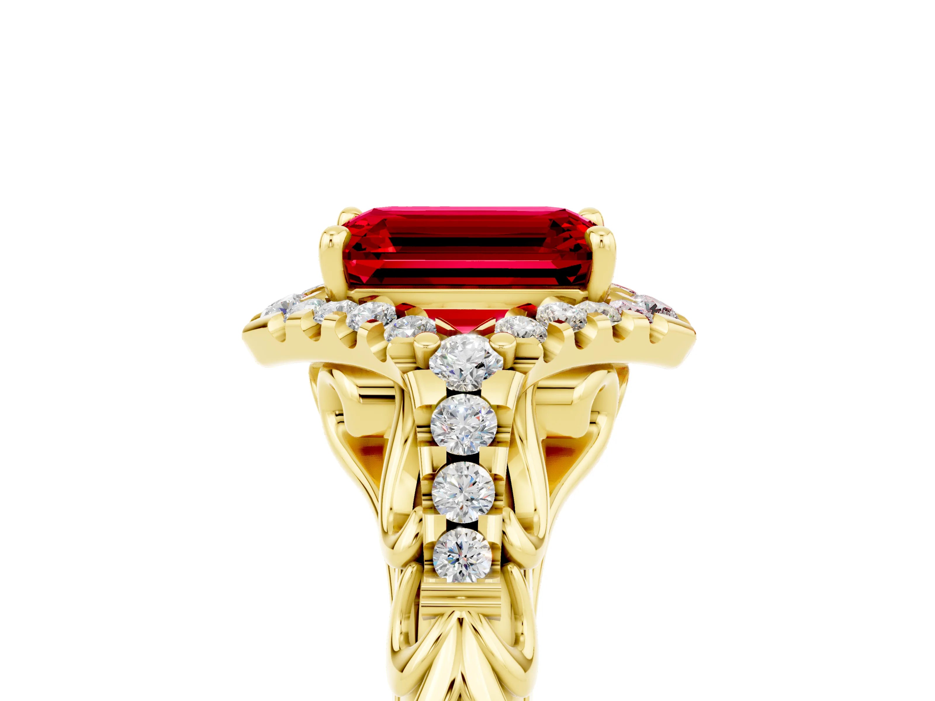 Yellow gold Emerald Cut Ruby Solitaire Ring with Hidden Halo and Pavé Band_17