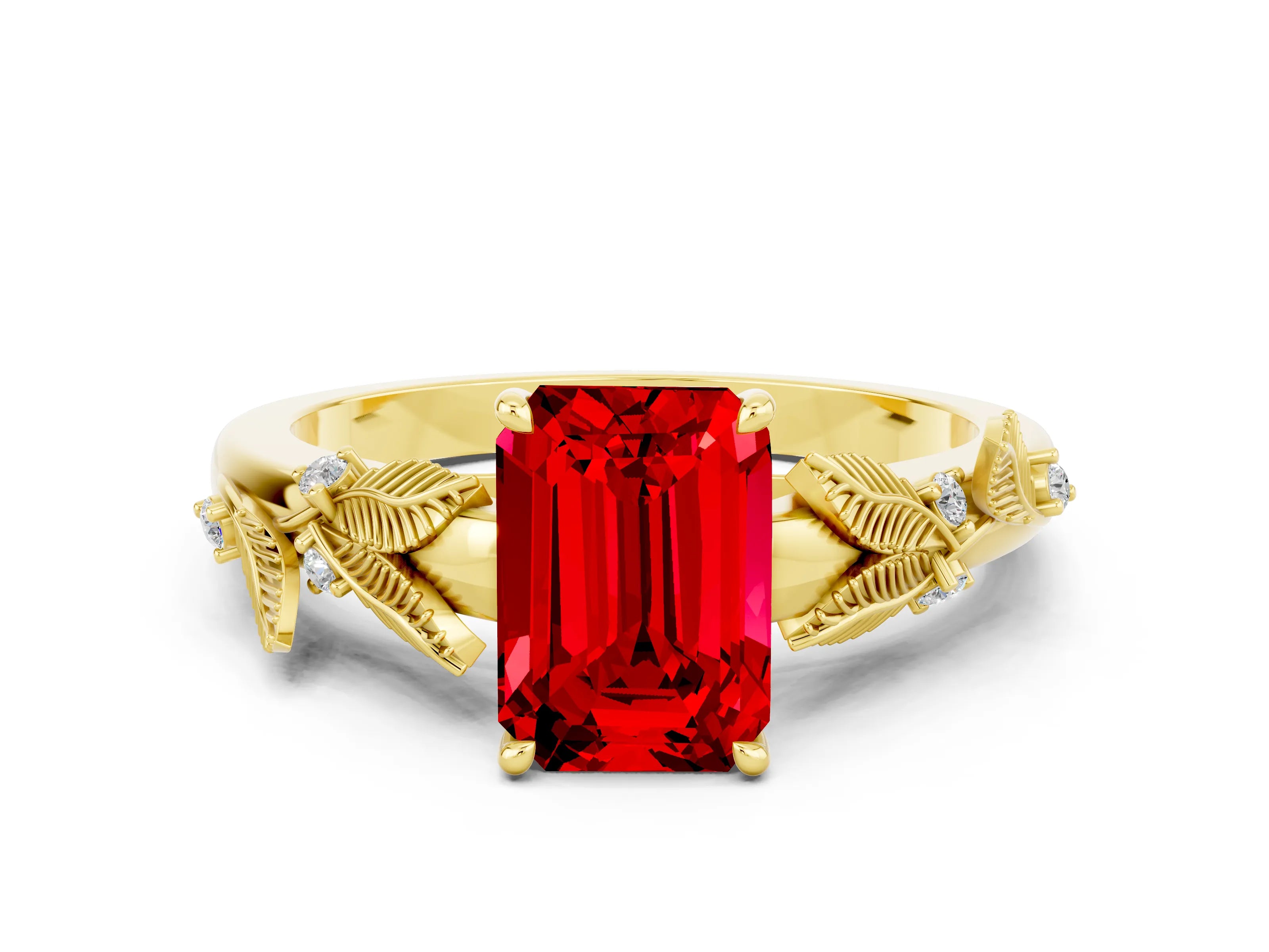 Yellow gold Emerald Cut Ruby Solitaire Ring with Leaf Motif Band and Four-Prong Setting