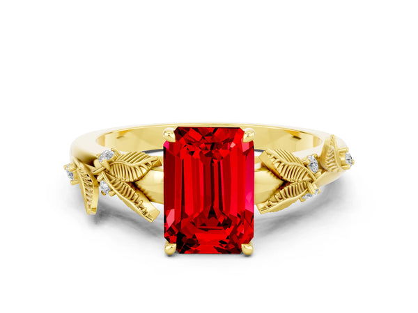 Yellow gold Emerald Cut Ruby Solitaire Ring with Leaf Motif Band and Four-Prong Setting