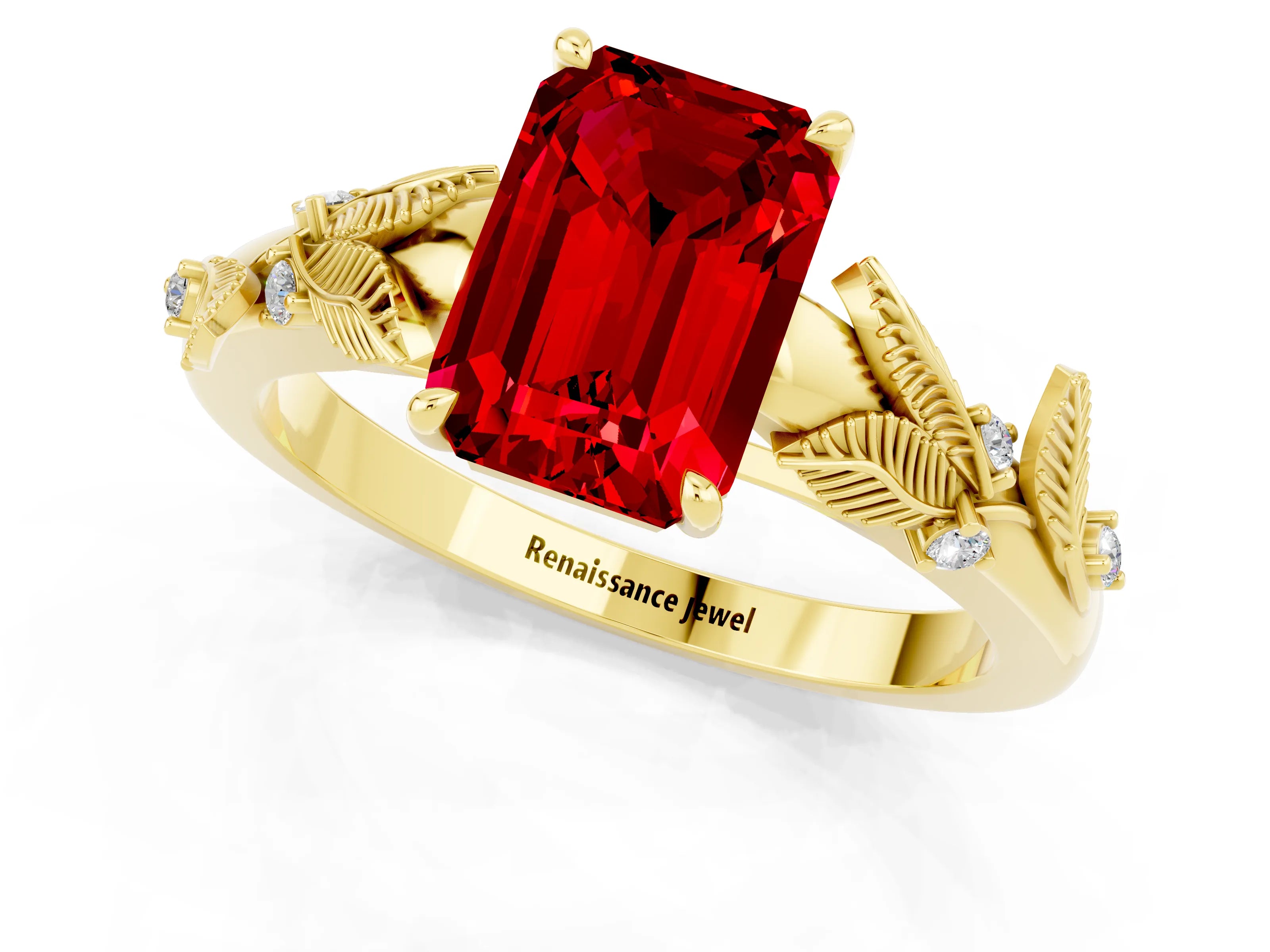 Yellow gold Emerald Cut Ruby Solitaire Ring with Leaf Motif Band and Four-Prong Setting_1