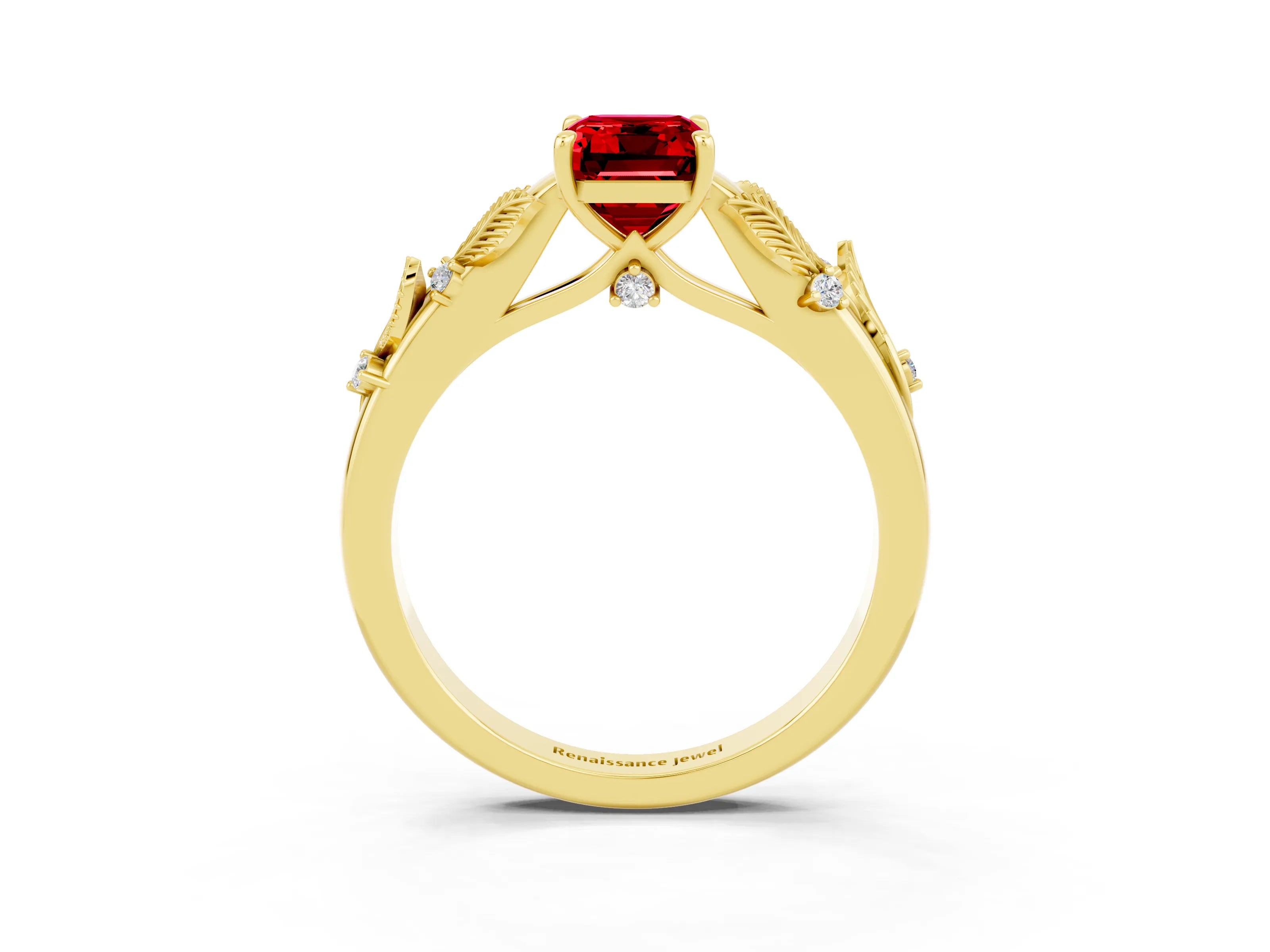 Yellow gold Emerald Cut Ruby Solitaire Ring with Leaf Motif Band and Four-Prong Setting_3