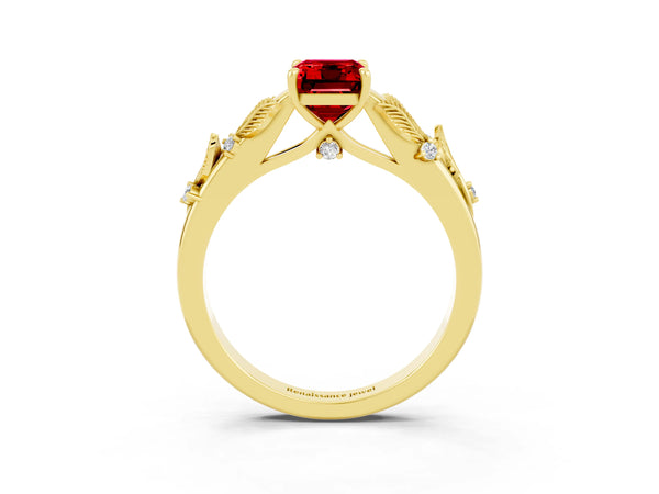 Yellow gold Emerald Cut Ruby Solitaire Ring with Leaf Motif Band and Four-Prong Setting