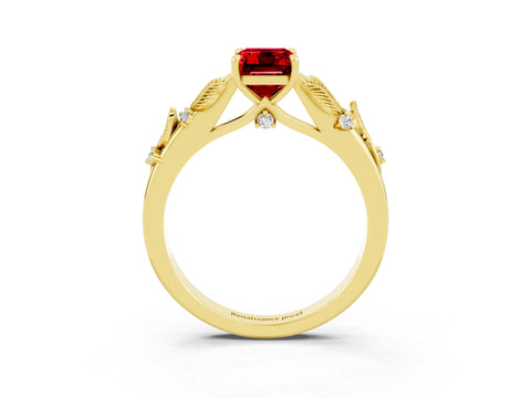 Yellow gold Emerald Cut Ruby Solitaire Ring with Leaf Motif Band and Four-Prong Setting_3
