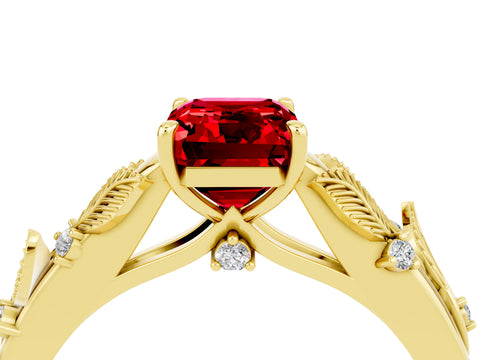 Yellow gold Emerald Cut Ruby Solitaire Ring with Leaf Motif Band and Four-Prong Setting_4