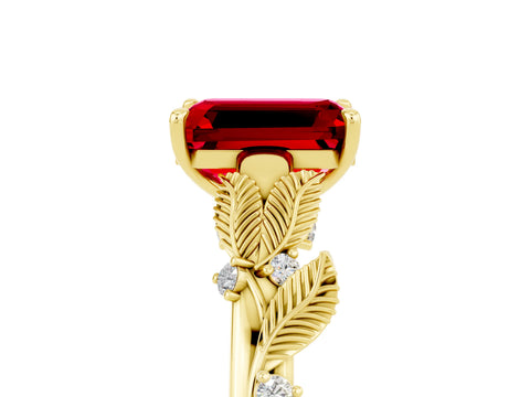 Yellow gold Emerald Cut Ruby Solitaire Ring with Leaf Motif Band and Four-Prong Setting_5