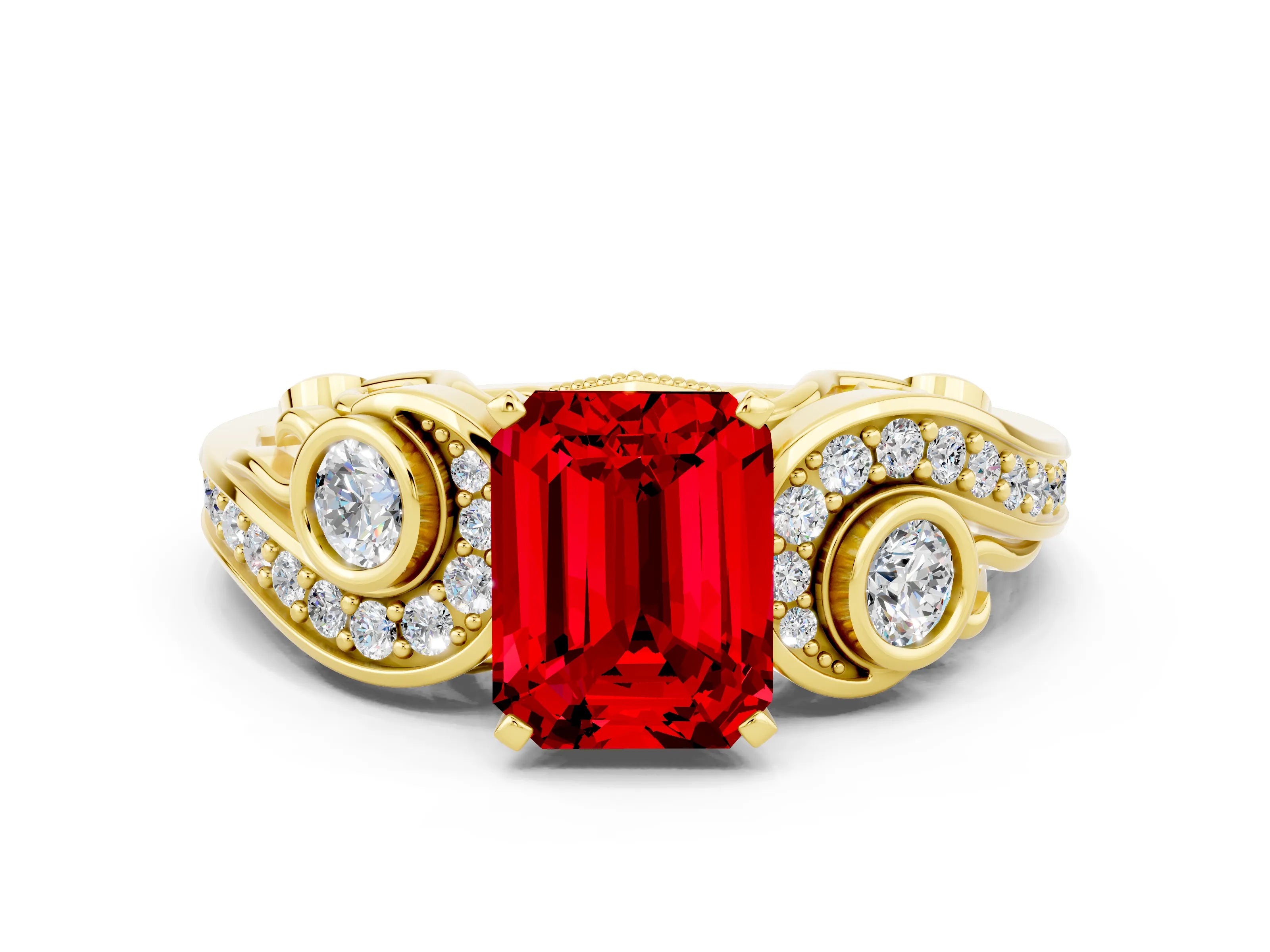 Yellow gold Emerald Cut Ruby Solitaire Ring with Milgrain Pavé Band and Four-Prong Setting_24
