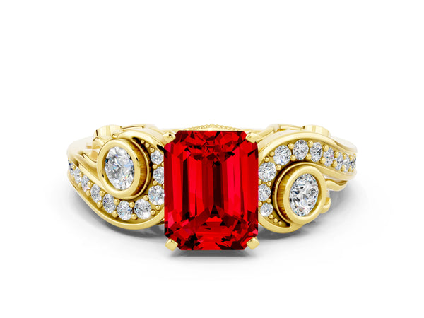 Yellow gold Emerald Cut Ruby Solitaire Ring with Milgrain Pavé Band and Four-Prong Setting