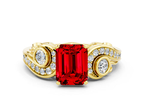 Yellow gold Emerald Cut Ruby Solitaire Ring with Milgrain Pavé Band and Four-Prong Setting_24