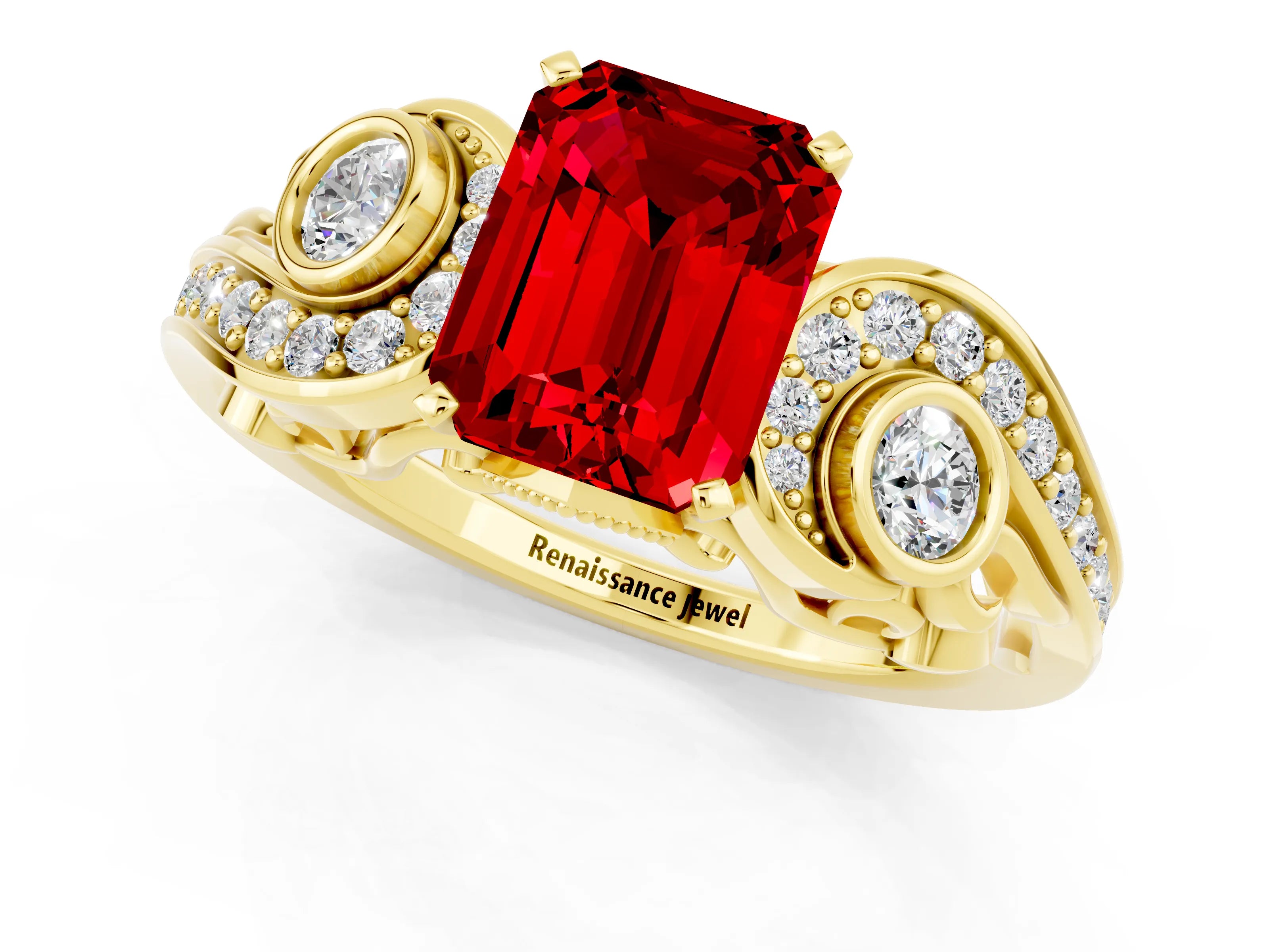 Yellow gold Emerald Cut Ruby Solitaire Ring with Milgrain Pavé Band and Four-Prong Setting_25
